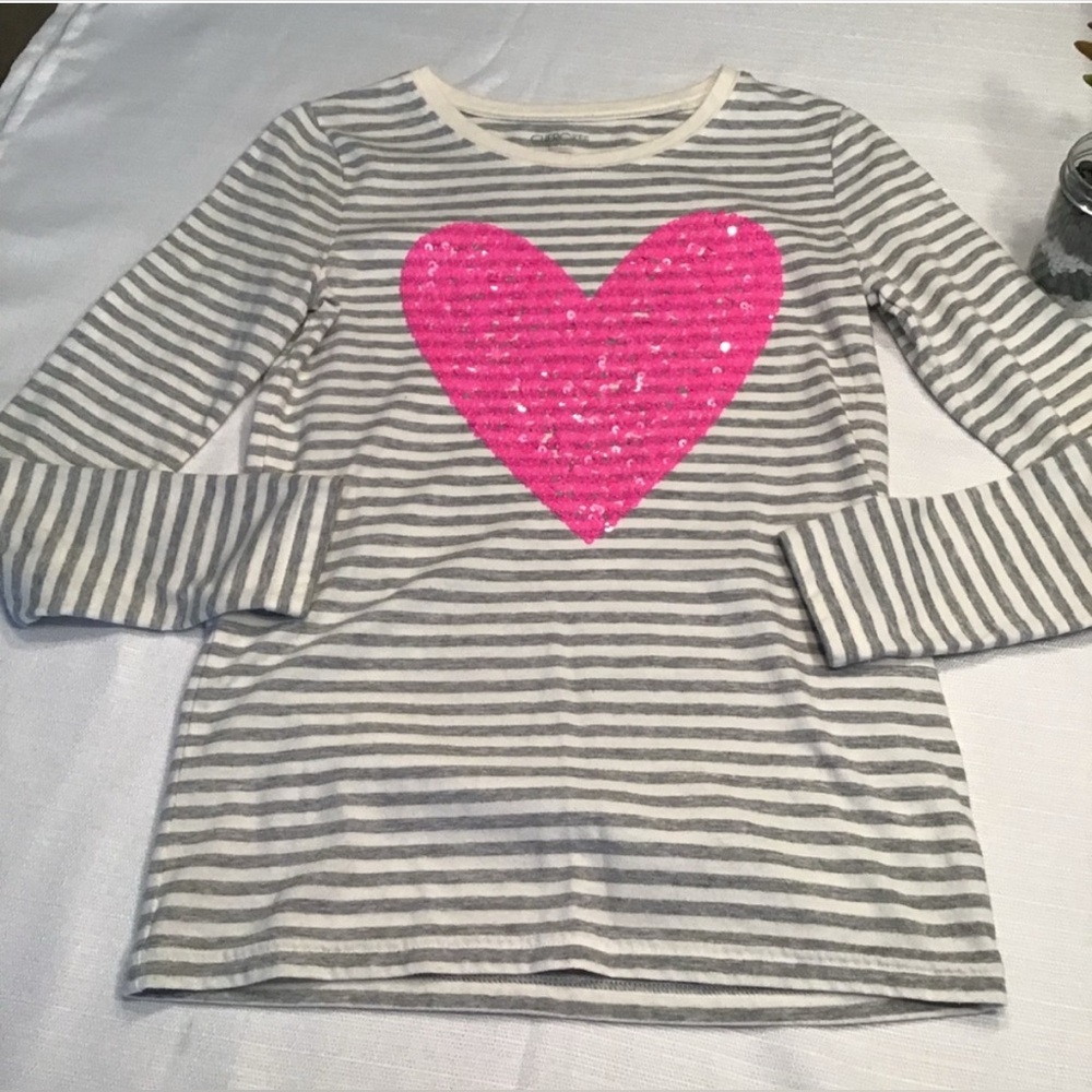 Cherokee Girls Long Sleeve Striped Shirt Hot Pink Sequins Heart Size Large 10-12